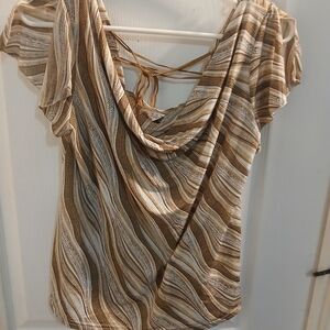 Draped Striped Brown & Cream Flutter-Sleeve Blouse